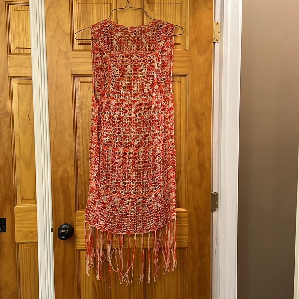 Dark Orange, Tan/Off White, Vest With Fringe View 5